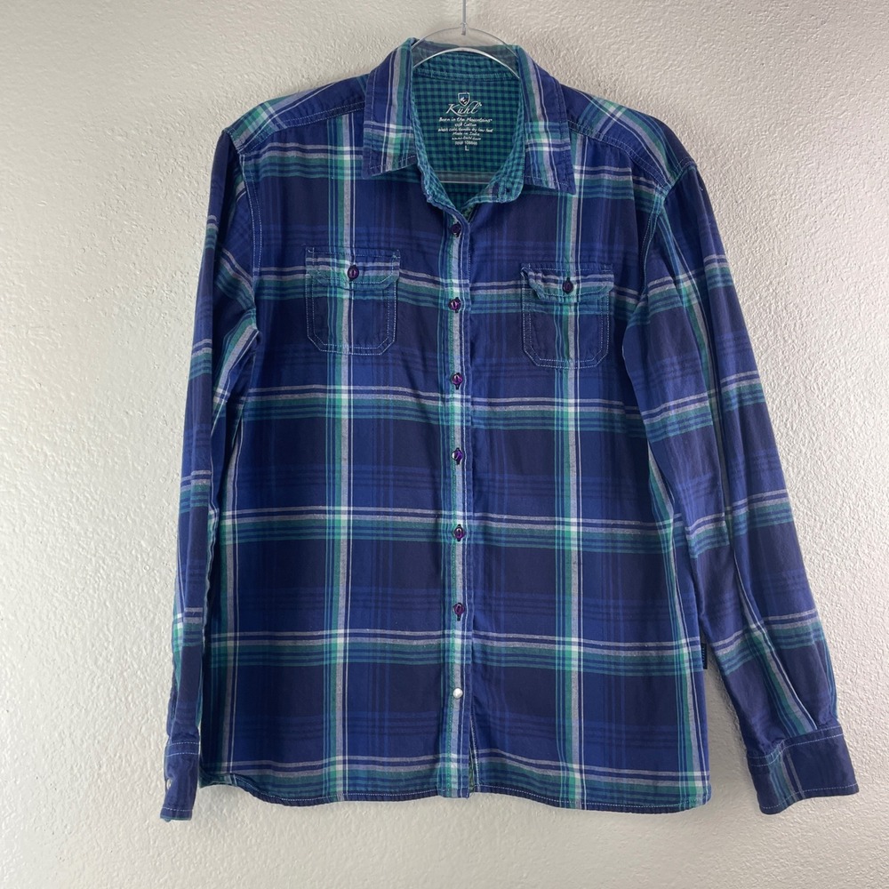 Kuhl Plaid Button Down‎ Shirt Size Large Navy Blue Green Gorpcore Hiking Top